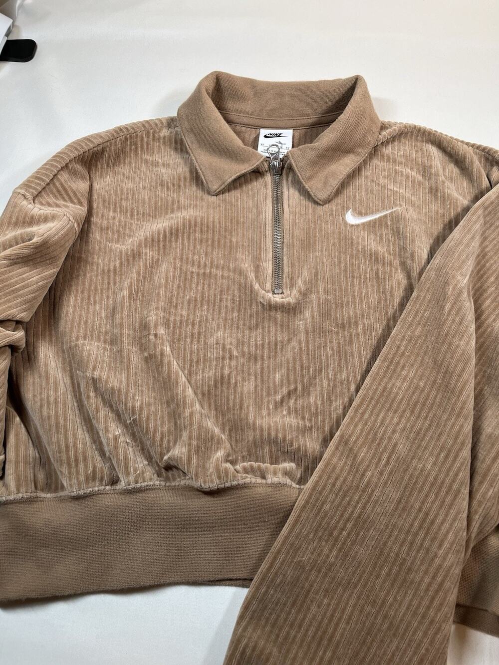Nike Womens XS Tan Ribbed Velour Cropped Quarter Zip Pullover DQ5938-258
